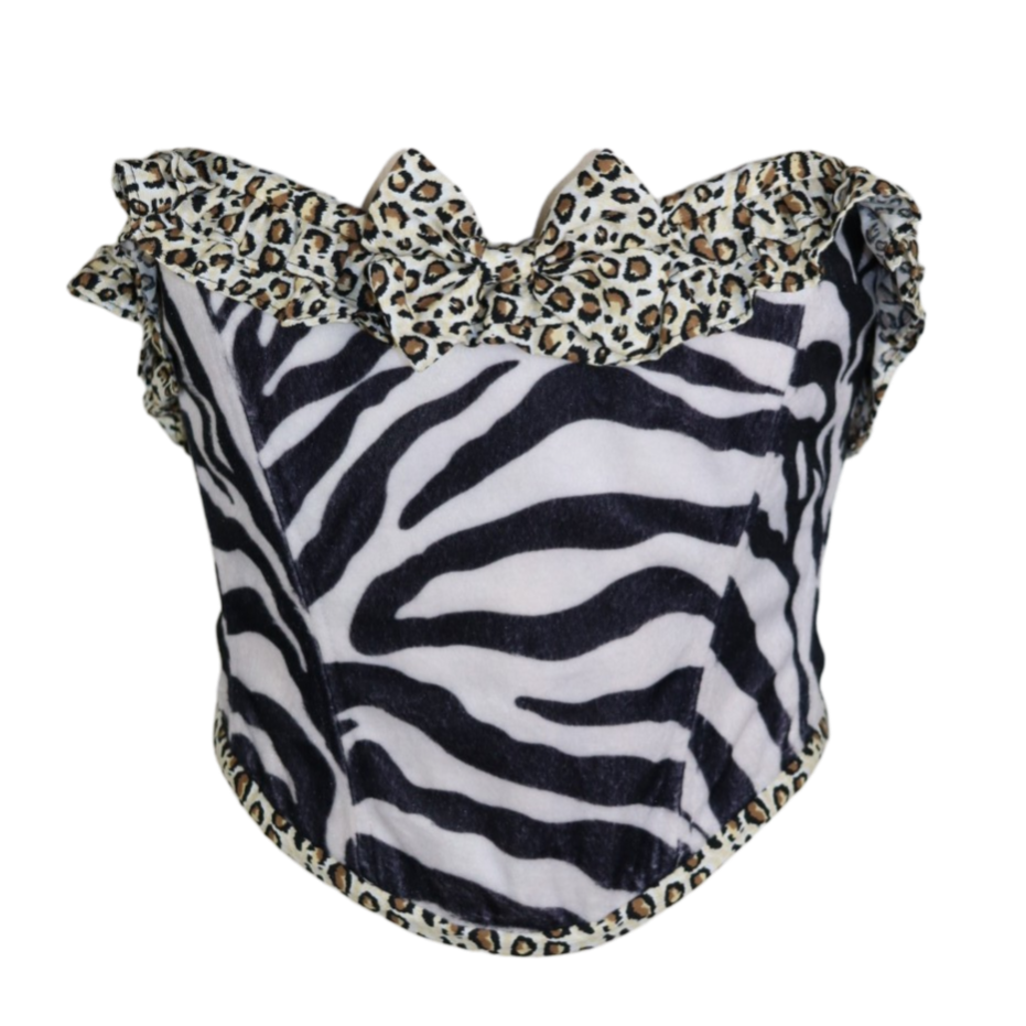Zebra corset with leopard ruffle and bow - size XL