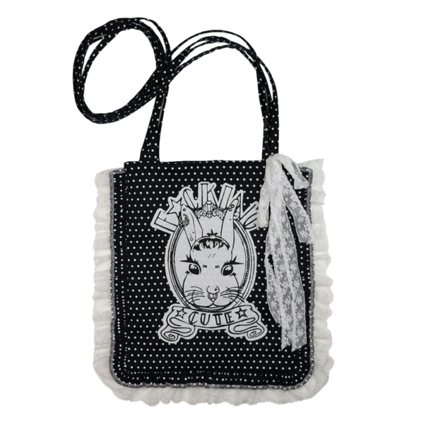 Black with white polkadots 'f☆king cute tote bag'