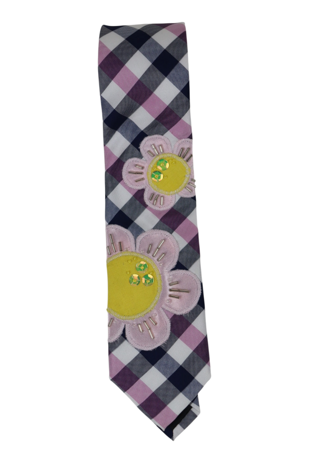 Pink and blue ckeckered flower tie