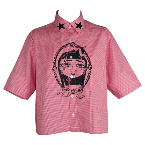 'Lily' red checkered screen printed button up shirt - men's size L