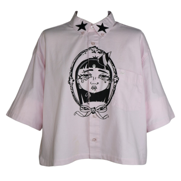 'Lily' light pink screen printed button up shirt - men's size XXL
