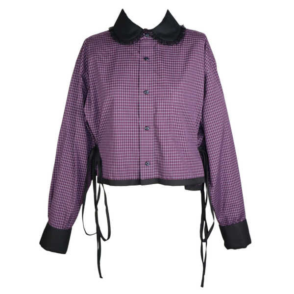 Purple checkered sdjustable button-up with big round collar- men size XL