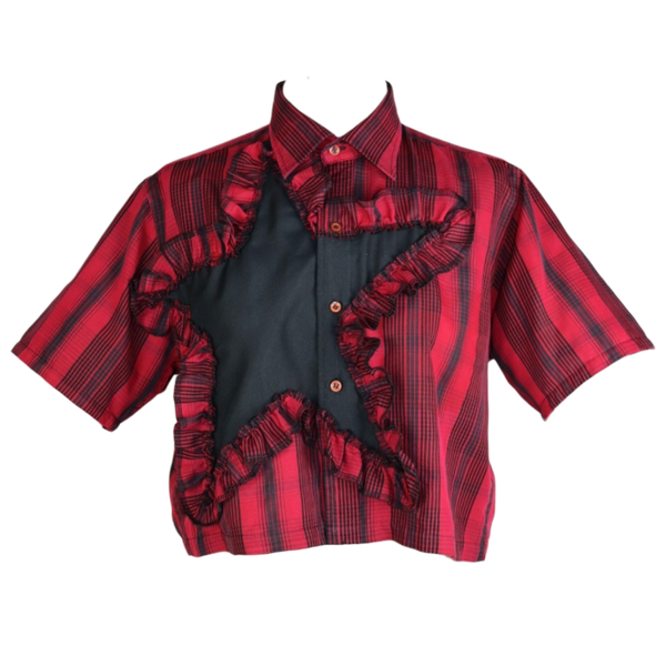 red checked button up shirt with black star and ruffle - men's size S