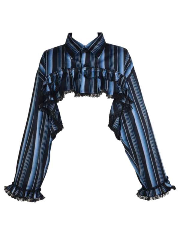 blue/black striped bolero top with ruffles - men's size L