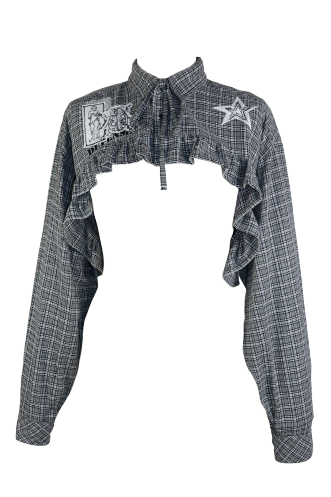 Grey bolero top with ruffles and patches - men's size M