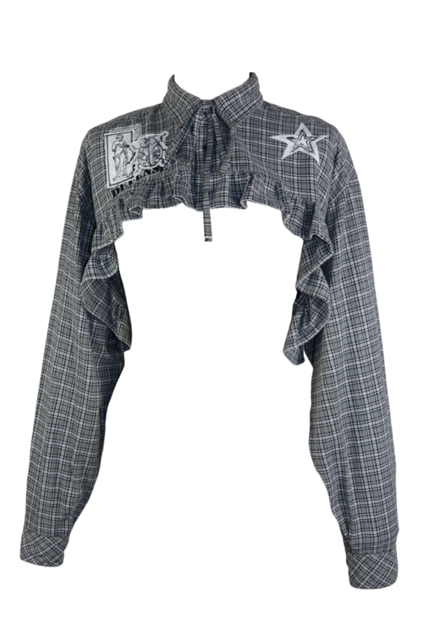 Grey bolero top with ruffles and patches - men's size M