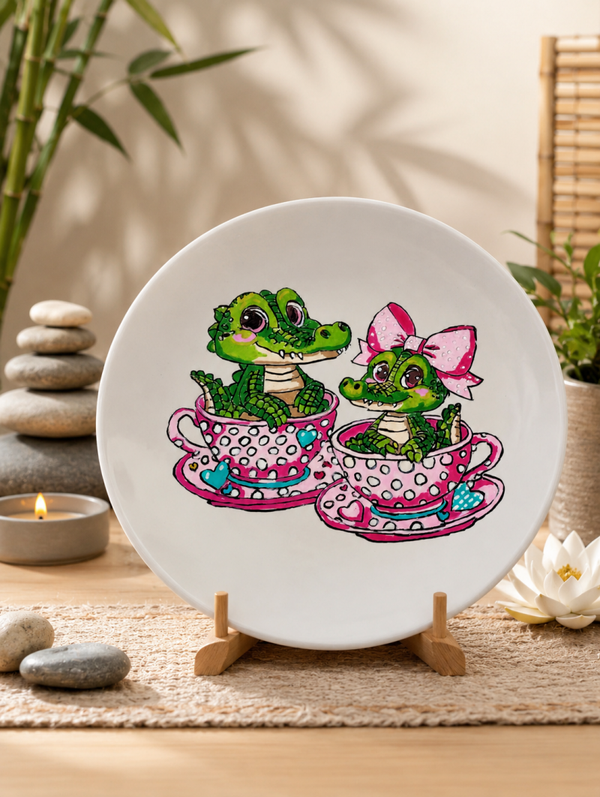 Grande assiette épaisse 2 crocodiles dans leurs tasses
