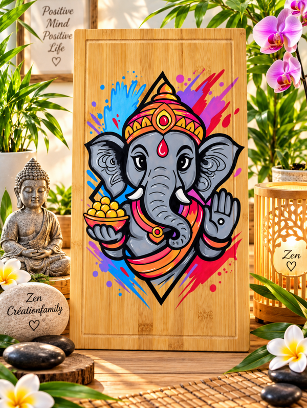 🌟 CRÉATION DU JOUR 🌟planche décorative en bambou peinte à la main, représentant Ganesh