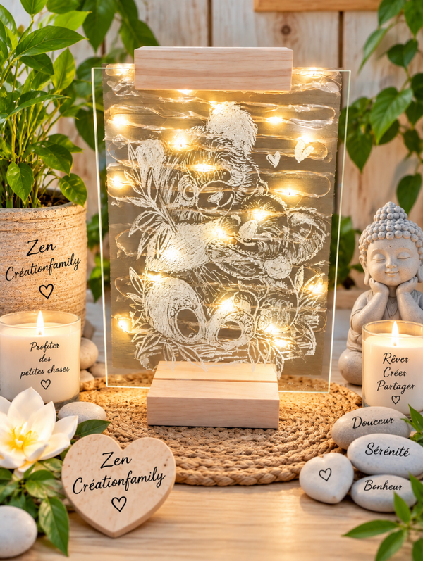 🐼🐨 Plaque de verre gravé Panda & Koala lumineuse
