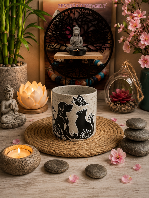 Tasse en gré gris chien et chat