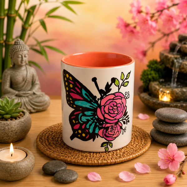 Tasse orange Papillon+Rose