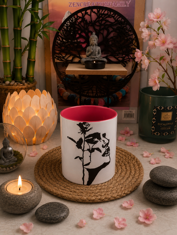 Tasse rouge Visage et rose