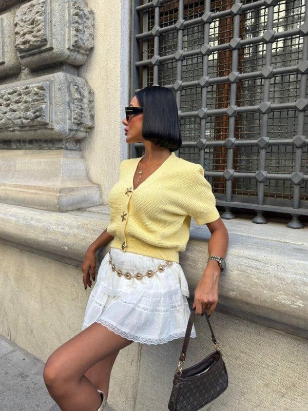 PULOVER E VERDHE E SHKURTER ME KOPSA YLL S6K5182