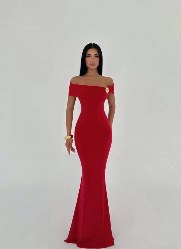 Fustan i kuq i gjat bust me guask 2562