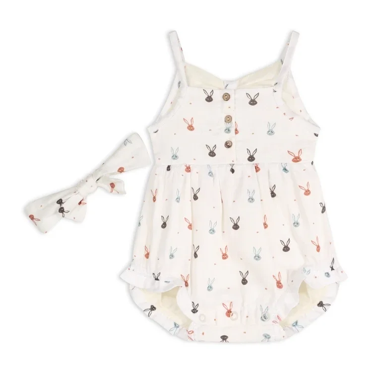 Ensemble barboteuse courte à bretelles et volants Mini lapin pour bébé et bandeau - Viverano