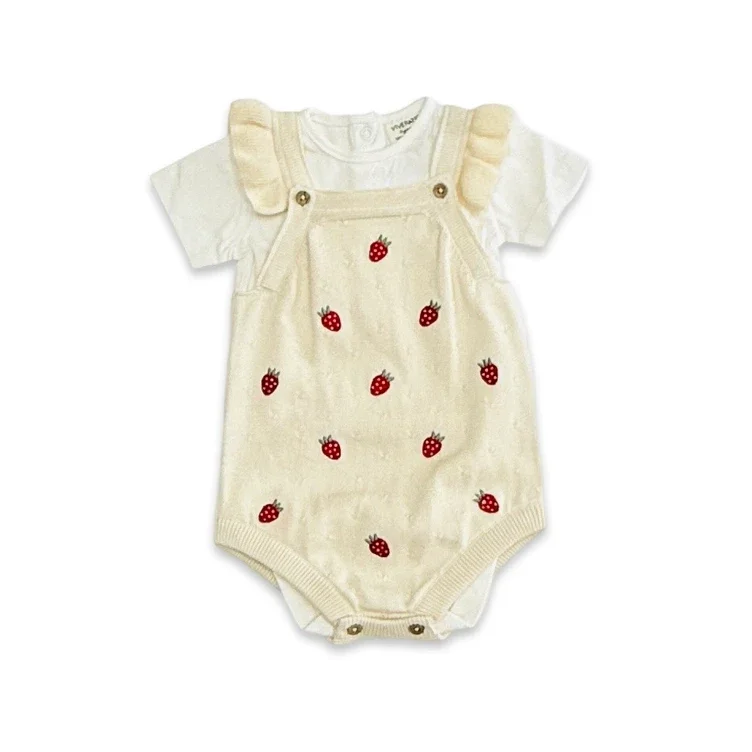 Ensemble barboteuse à volants pour bébé en tricot brodé de fraises (bio) - Viverano