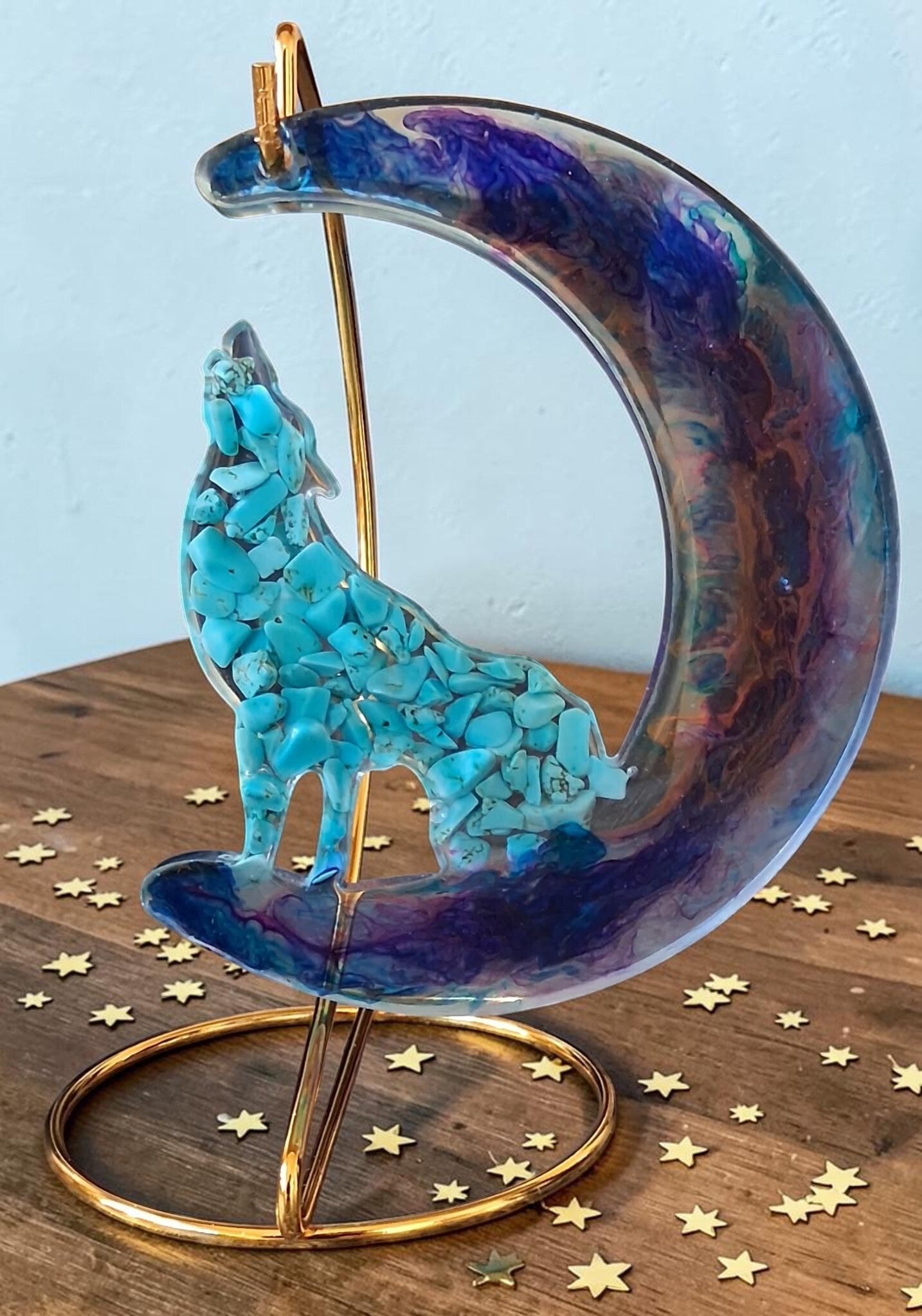 Blue Resin Wolf With Turquoise Stones 12.5cm High