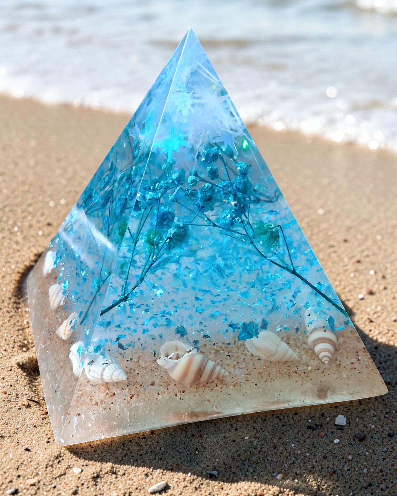 Resin Pyramid with Stars, Dried Flowers, Sand & Seashells  9cm x 8cm