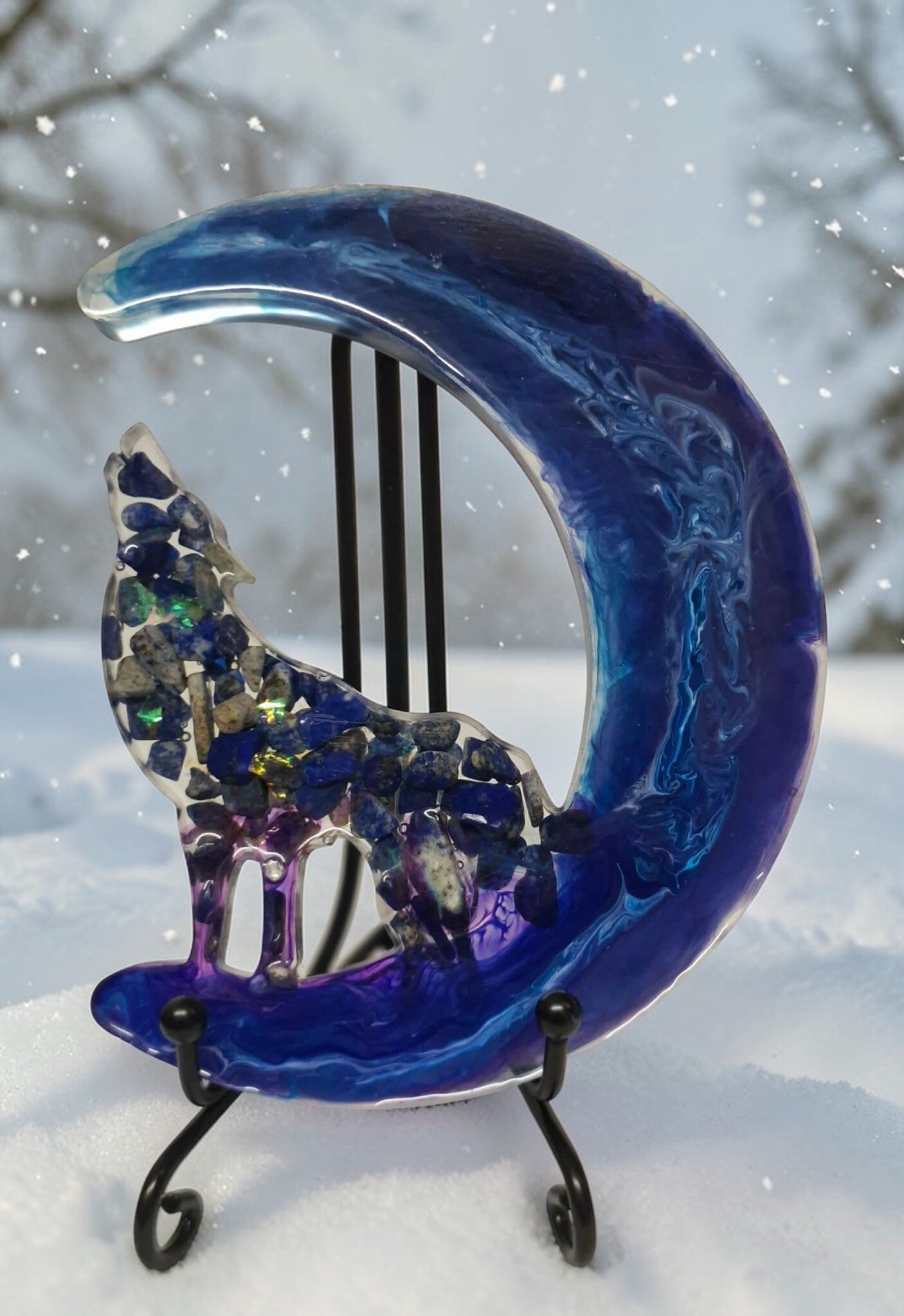 Handmade Resin Blue Wolf with Lapis Lazuli Stones 12.5 cm high