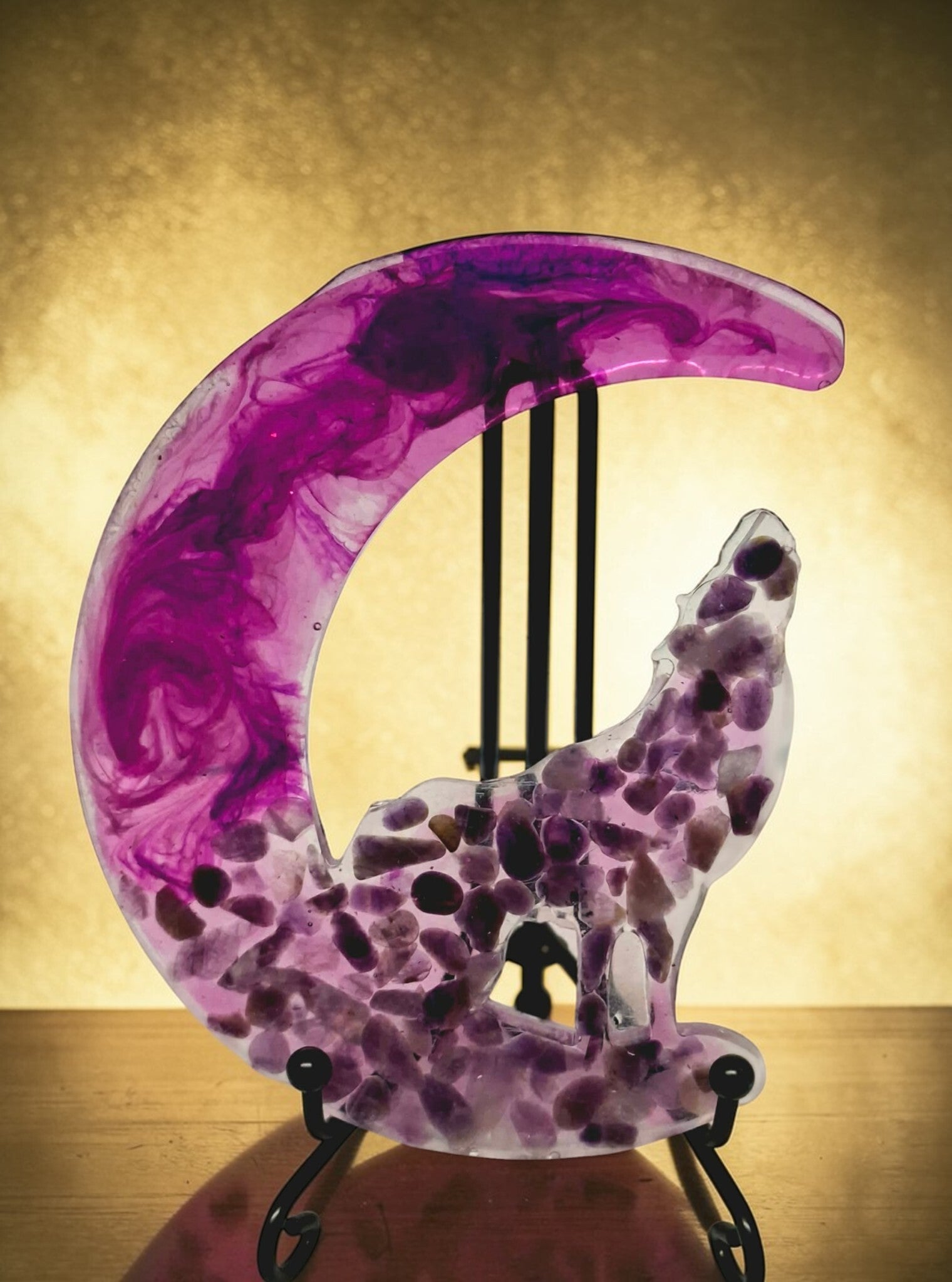 Handmade Resin Purple Wolf with Amethyst Stones 12.5 cm high