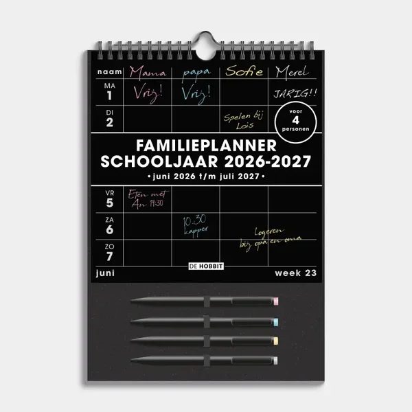 Familieplanner 2026-2027 A4 - zwart - 4 personen