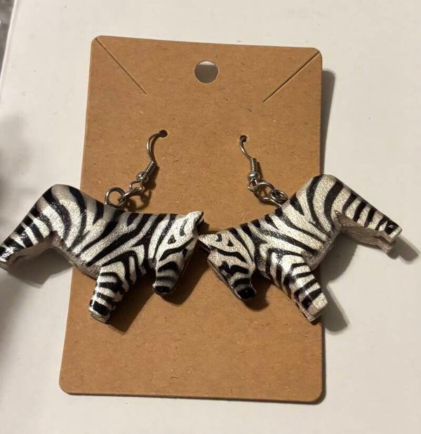 Wooden Zebra Pierced Earrings
