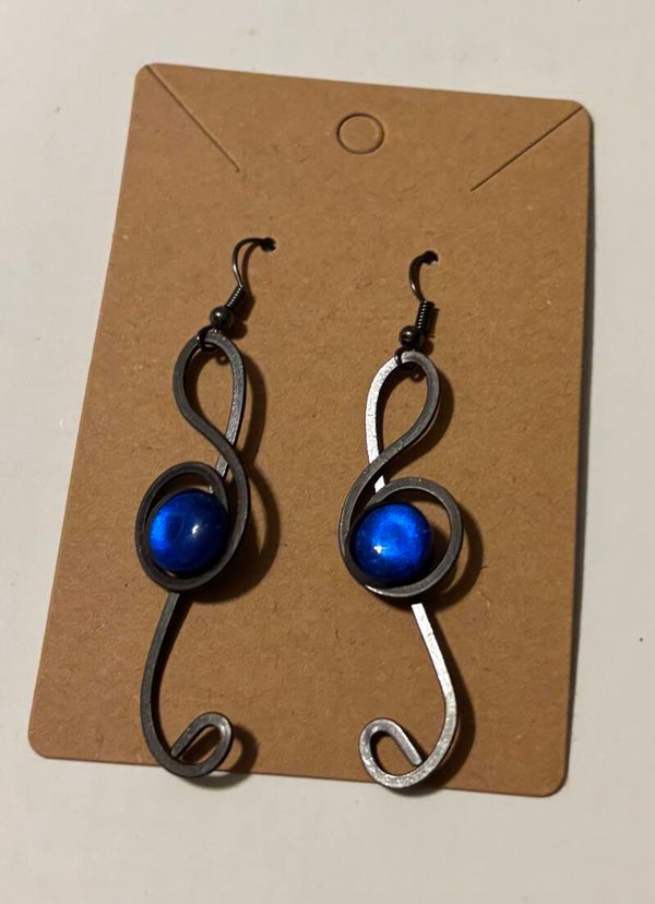 Music Notes with Blue Stone Dangling Earrings