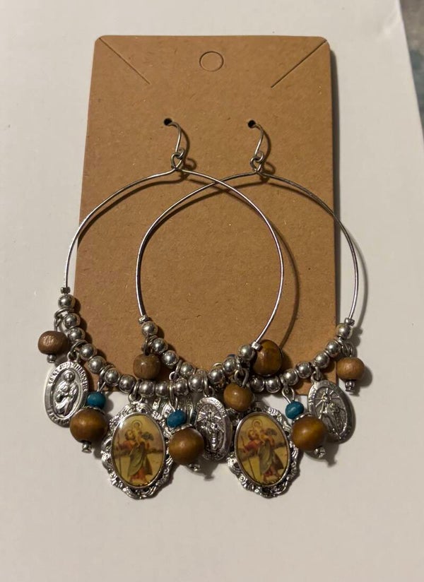Vintage Religious Medal Hoop Earrings
