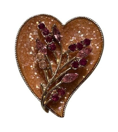 Coro Pink Enameled and Rhinestone Heart Brooch