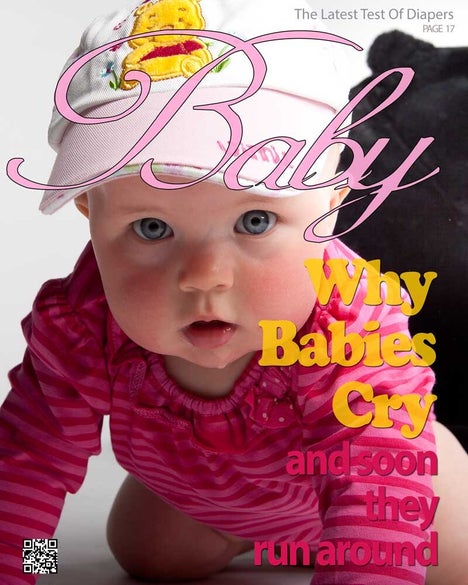 Titelbild eines Baby-Magazins mit einem krabbelnden Baby in pink gestreiftem Body und rosa Mütze mit Winnie-the-Pooh-Motiv. Der Titel lautet „Baby“ in rosa Schreibschrift. Schlagzeilen: „Why Babies Cry“ in gelb und „and soon they run around“ in pink. Oben