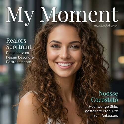Lächelnde Frau auf der Titelseite eines fiktiven Magazins 'My Moment'