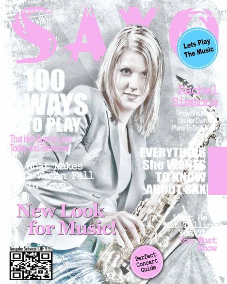 Frau mit Saxophon auf dem Cover des „Saxo“-Magazins. Schlagzeilen über Musik, Liebe und neue Looks für Musikfans.