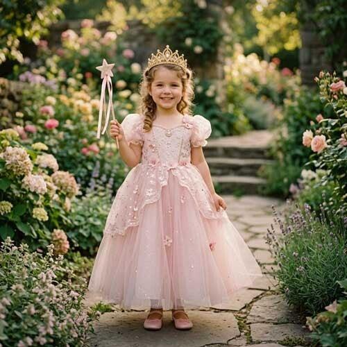 Mädchen im rosa Prinzessinnenkleid mit Krone und Zauberstab im Freien