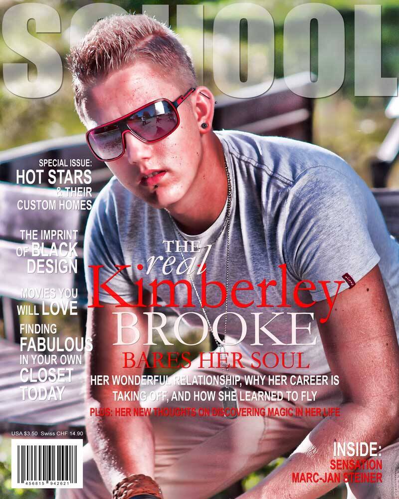 Magazin-Cover „SCHOOL“ mit einem jungen Mann, der Sonnenbrille und ein graues T-Shirt trägt.