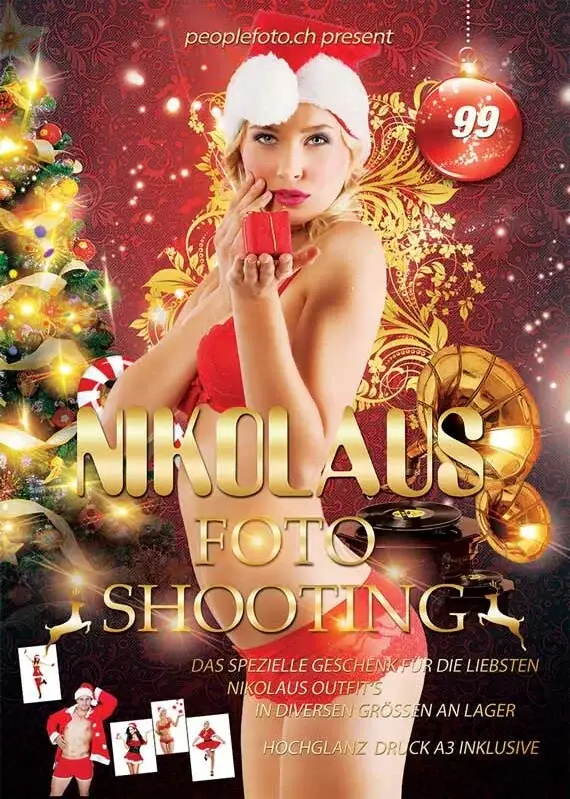 Werbeflyer für das weihnachtliche Nikolaus-Fotoshooting der Fotowerkstatt in Emmenbrücke mit einer Frau in rotem Nikolaus-Outfit, einem geschmückten Weihnachtsbaum und Infos zur Geschenkaktion.
