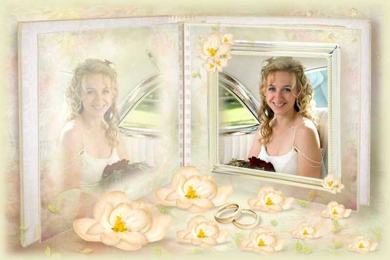 Romantisch gestaltetes Hochzeitsalbum mit einem Portrait der Braut und floralen Elementen