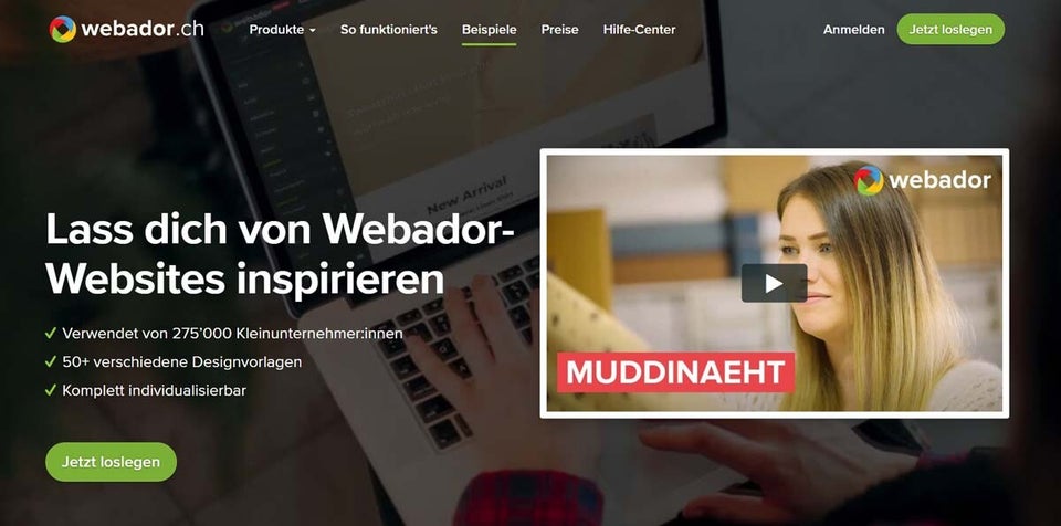 Screenshot einer webador beispielseite mit text; Lass dich von Webador-Websites inspirieren