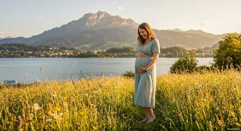 Schwangere Frau barfuss im hohen Gras am Ufer des Vierwaldstättersees, umgeben von warmem Abendlicht. Der Luzerner Hausberg Pilatus ist im Hintergrund zu erkennen.