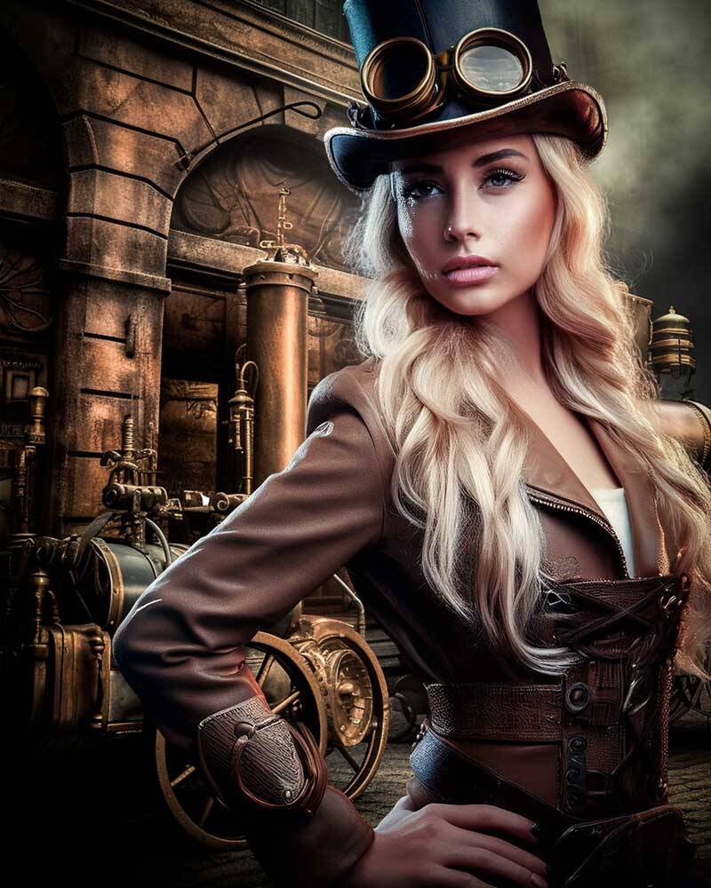 Aufwendiges Steampunk-Fotoshooting in Luzern: Porträt einer Frau mit Zylinder, Fliegerbrille und Leder-Outfit vor einer mechanischen Retro-Zahnrad-Kulisse.