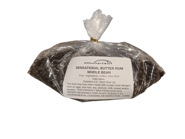 Whole Bean Sensational Butter Rum Coffee - Zero Alcohol Flavor - 8 oz