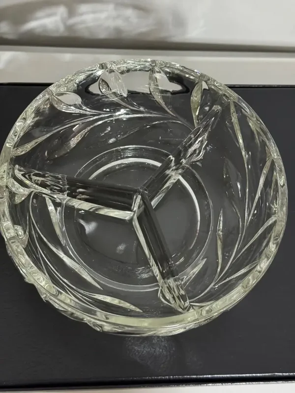 VTG 3 Section Round Divided Clear Cut Glass Leaves Relish Candy Nut DISH 6.5"