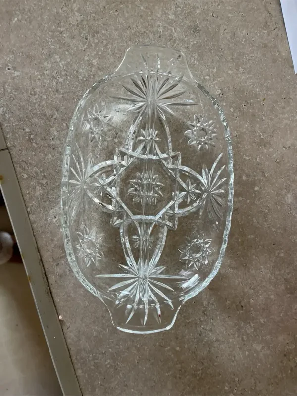 Antique Clear Cut Crystal Oval Divided Dish - Relish, Candy, Pickles, Olives Etc