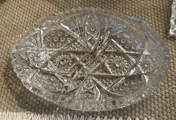 American Brilliant cut glass oval relish dish tray, hobstar fan pattern sawtooth