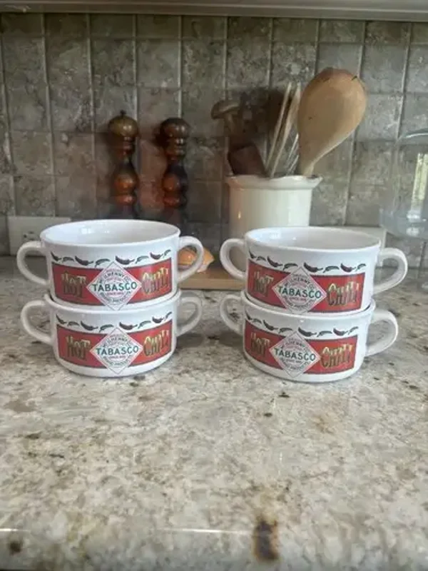 4 Cute Tabasco Brand Hot Chili Gumbo Two-Handled Ceramic Soup Bowls Winter Fall