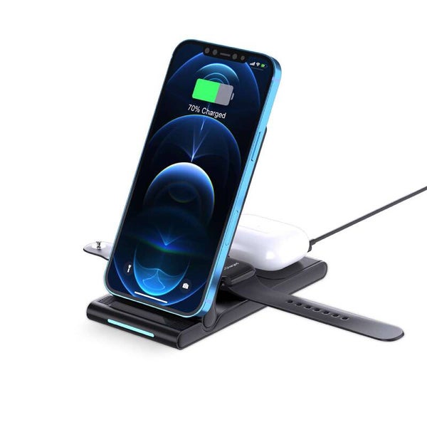 Draadloze Oplader voor iPhone, Apple Watch en AirPods - Inklapbaar 3-in-1 Draadloos Oplaadstation Geschikt voor Qi Magsafe Opladen – Compacte Wireless Charger - Zwart