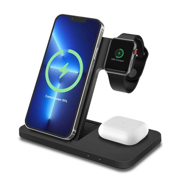 Draadloos Oplaadstation Geschikt voor iPhone 15/14/13/12 series, Apple Watch 9/8/7/6/5 en AirPods Pro/3/2/1 18W – 3-in-1 Draadloze Oplader - Wireless Charger - Zwart € 17,99