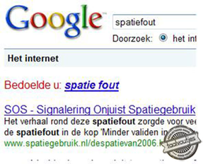 Zoekpagina Google over spatiefout. Of schrijf je spatie-fout?