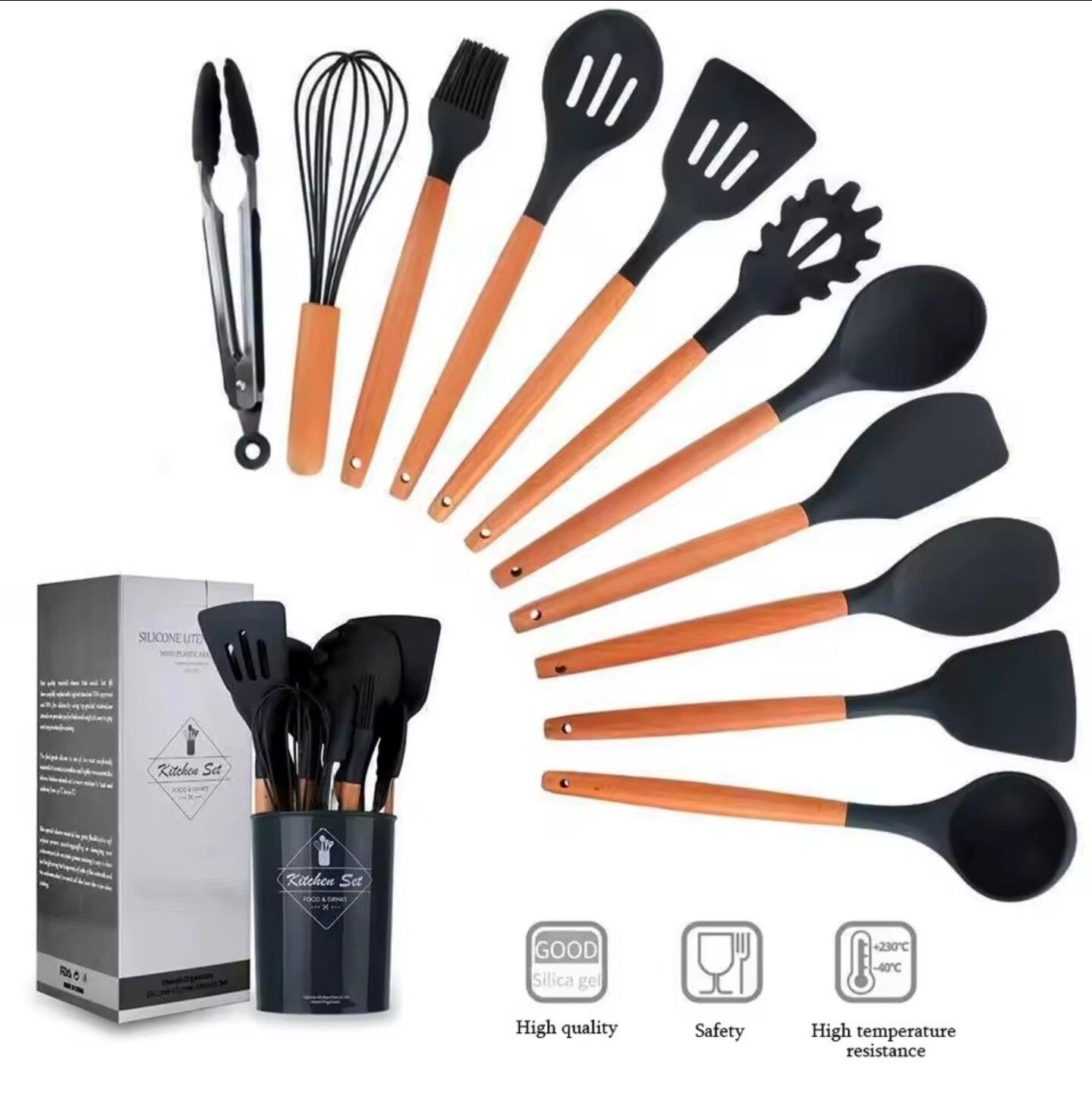 Set Di Utensili Da Cucina In Silicone Con Manico In Legno