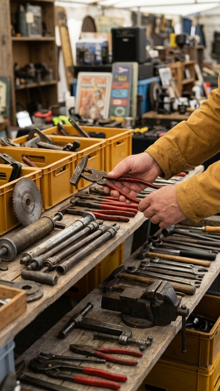 Menschen schlendern über einen großen Flohmarkt mit vielen Ständen, Trödelmarkt in Deutschland, Kultflohmarkt Szene, Bild von Unsplash