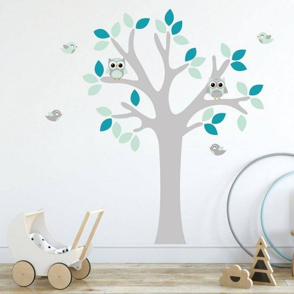 Muursticker Boom met uilen&vogels